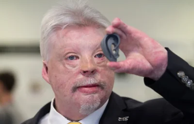 Simon Weston CBE holding up an artificial ear replacement part.