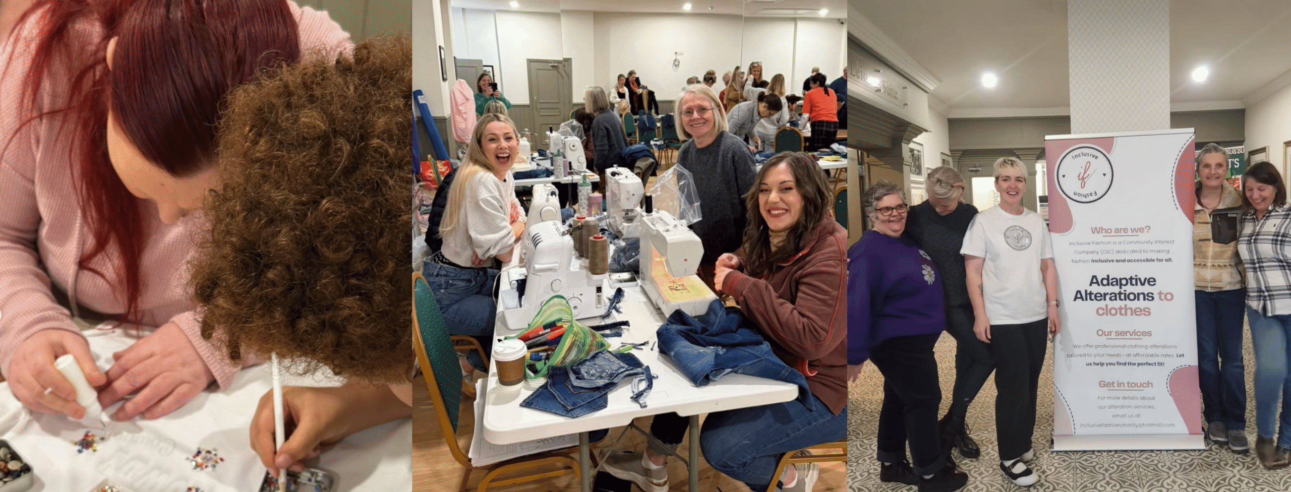 A website banner made up of three images. Image one: a woman and child lean over a crafting table and attach sparkles to a white t-shirt. Image two: three volunteers smile as they work at a crafts table with three sewing machines on top. Image three: Carmen Burkett and three volunteers stand either side of a pillar inside a hotel and smile at the camera.