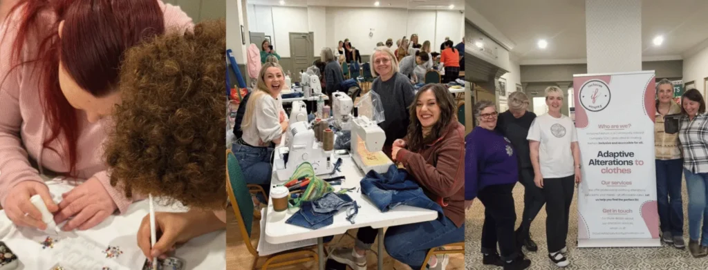 A website banner made up of three images. Image one: a woman and child lean over a crafting table and attach sparkles to a white t-shirt. Image two: three volunteers smile as they work at a crafts table with three sewing machines on top. Image three: Carmen Burkett and three volunteers stand either side of a pillar inside a hotel and smile at the camera.