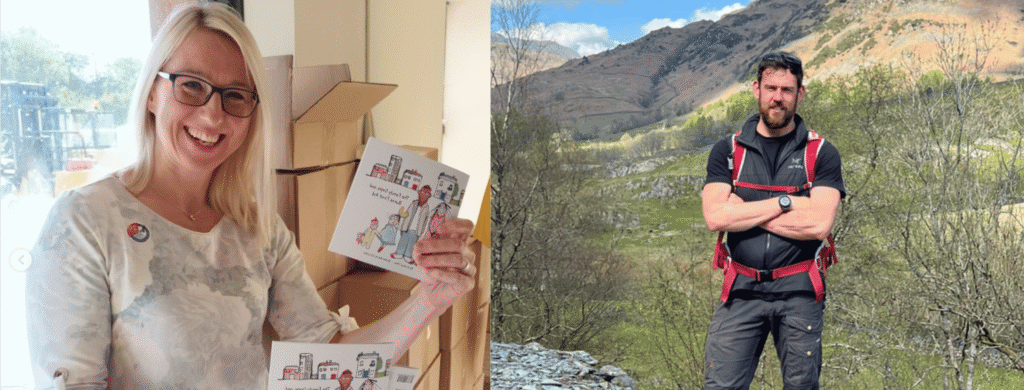 On the left, Kristina Stiles wears a white top and glasses as she smiles at the camera holding a copy of her book 'Oops family burns', an education resource aimed at minimising domestic burns and scalds which was part funded by The Scar Free Foundation. On the right, Ben Gallagher, a British Army Special Forces Veteran, stands on a stoney path among mountains, grass and trees and smiles at the camera. Ben wears a grey walking outfit and red backpack.