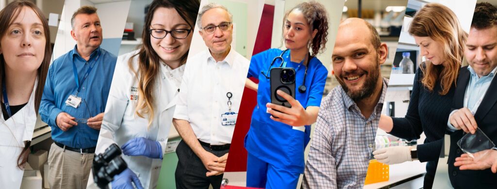 A collage of The Scar Free Foundation's funded researchers, including Major Harry Claireaux, Naeim Maiman, Janet Lord, Amber Young, Arooj Qaiser, and Liam Grover.